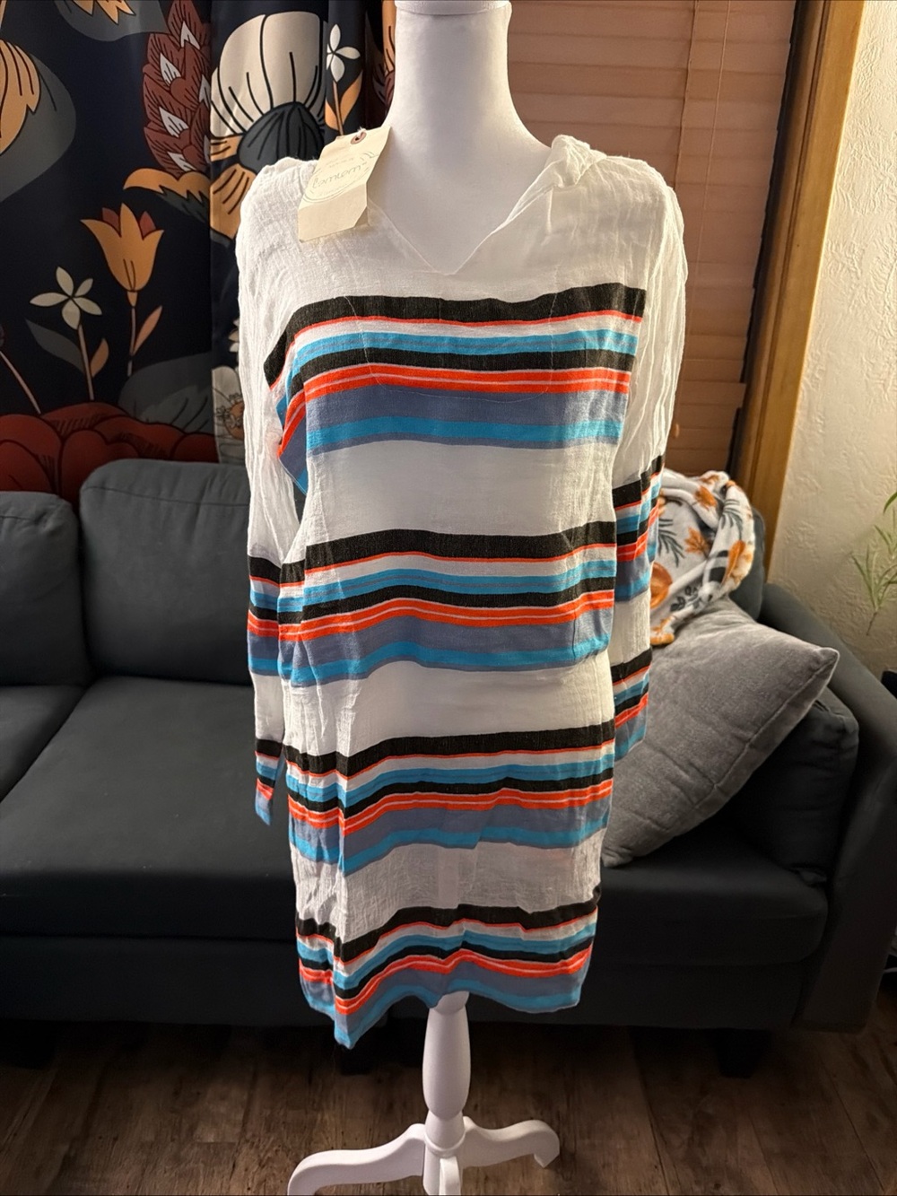 lemlem Hooded Striped Tunic Dress V-Neck Long Sleeve Womens Regular S